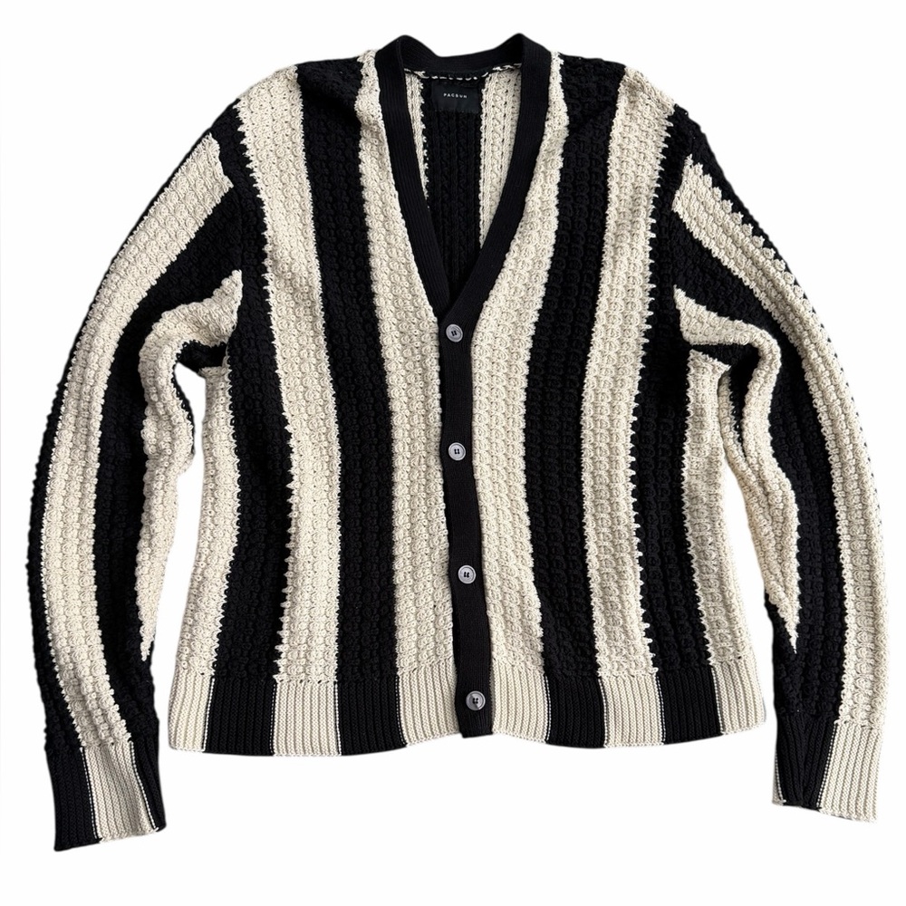 PacSun Black Cream Striped Waffle Knit‎ Cardigan Sweater Men’s Medium